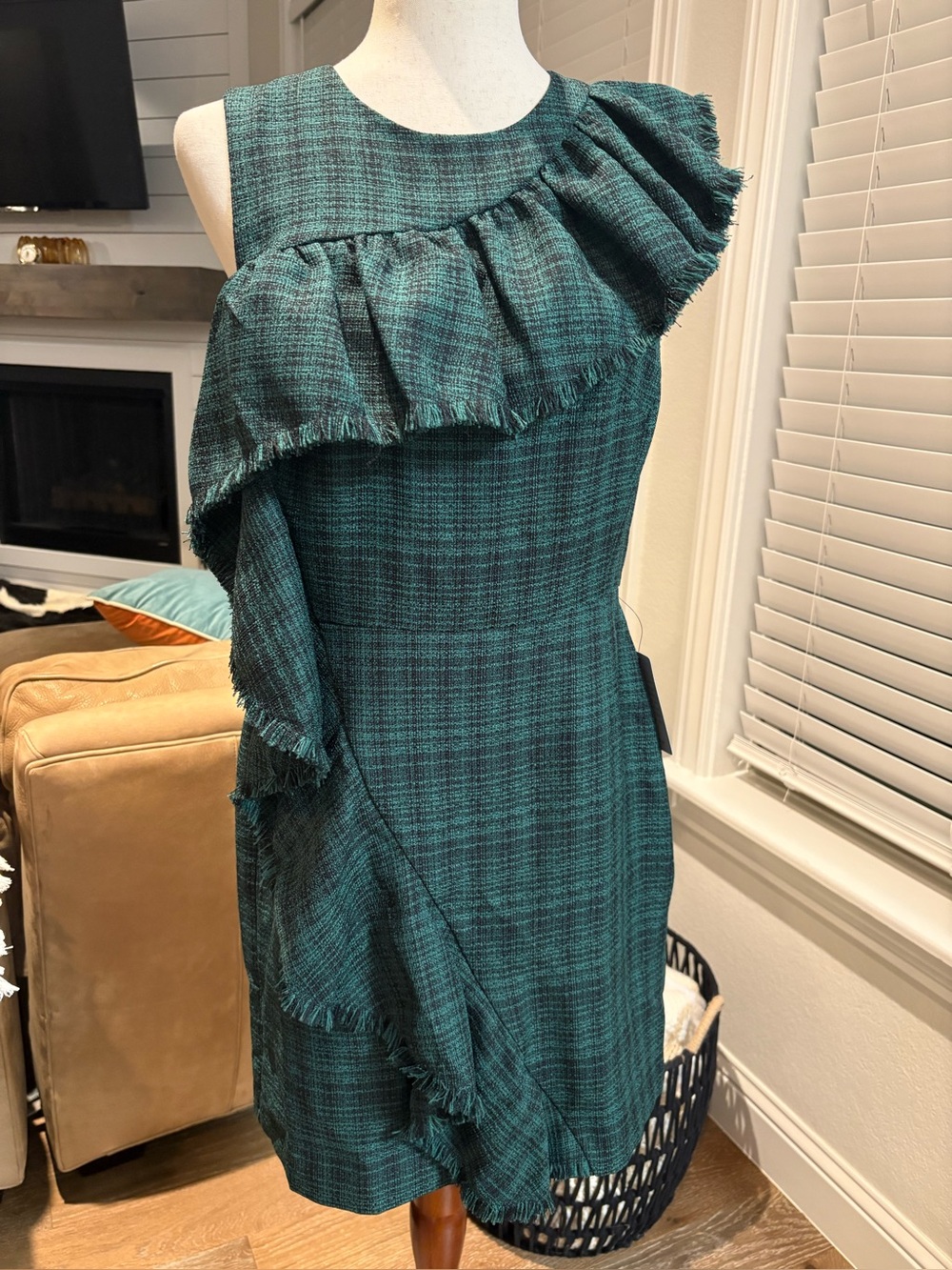 Chelsea28 Green Plaid One Shoulder Dress